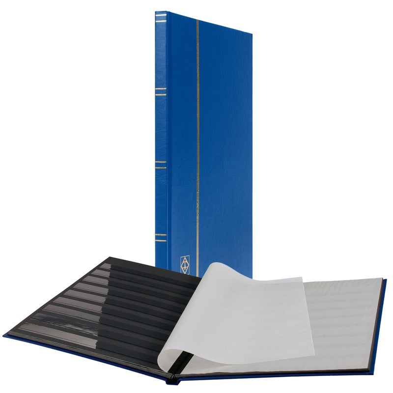 LIGHTHOUSE â€“ â€œBASICâ€ Hard Cover Stockbook for Stamps â€“ 16 Black Cardstock 9â€x12â€ (A4) Pages with Clear Strips - Blue - Image 1